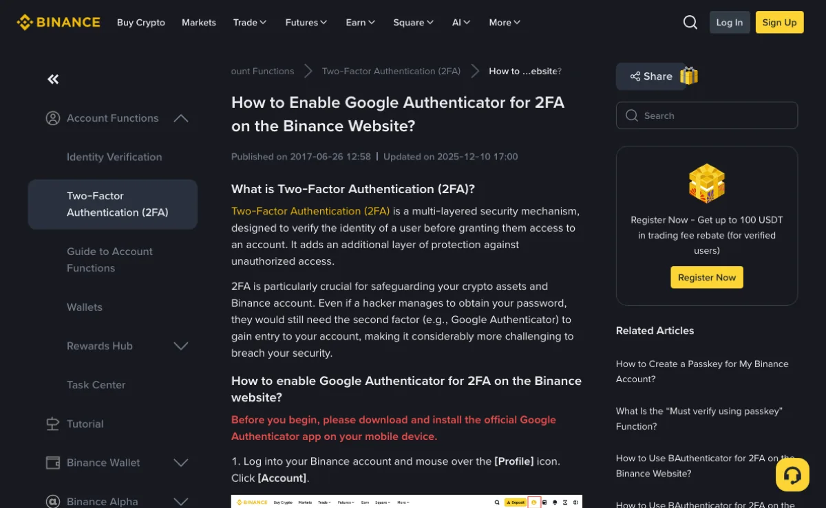 币安帮助中心《如何在网站启用 Google Authenticator》页面