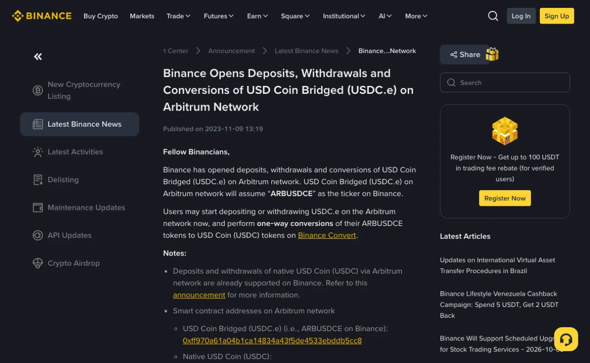 Binance announcement page titled Binance Opens Deposits, Withdrawals and Conversions of USD Coin Bridged (USDC.e) on Arbitrum Network, published 2023-11-09; the text says the bridged token takes ARBUSDCE as its ticker on Binance and allows one-way conversions to USDC on Binance Convert, and the notes list the bridged contract address on Arbitrum with the native USDC line starting just below
