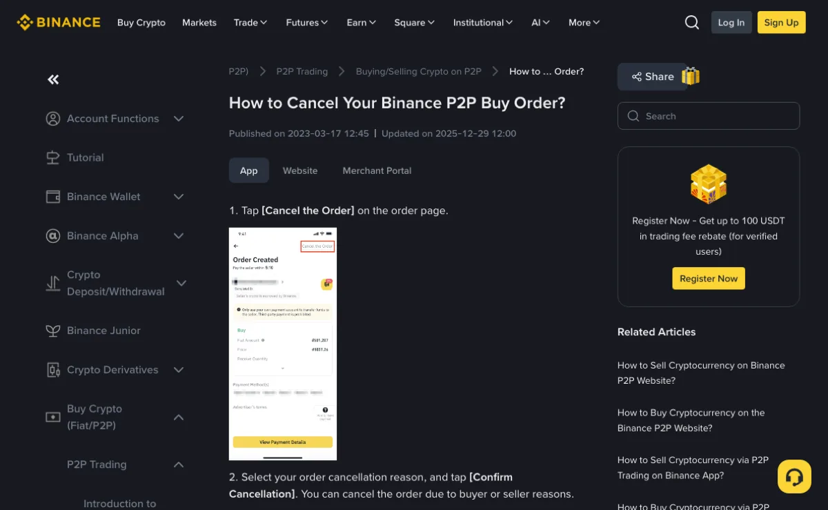 Binance Support page How to Cancel Your Binance P2P Buy Order?, showing Published on 2023-03-17 12:45 and Updated on 2025-12-29 12:00 under the title, three tabs labelled App, Website and Merchant Portal above the text, and step 1 reading Tap [Cancel the Order] on the order page