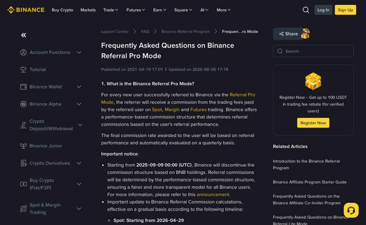 Screenshot of the Binance help centre page Frequently Asked Questions on Binance Referral Pro Mode, showing the page title, the published and updated dates, and the first section explaining that the referrer earns a commission from the referred user's trading fees