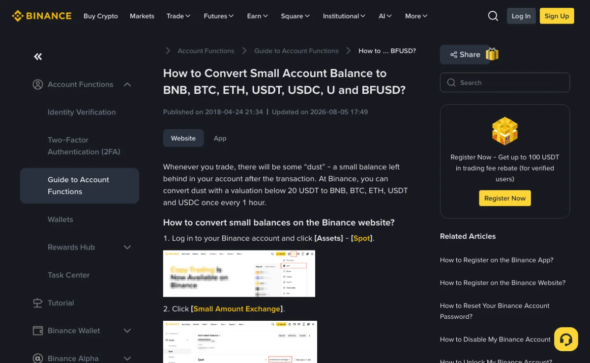 Binance help centre page titled How to Convert Small Account Balance to BNB, BTC, ETH, USDT, USDC, U and BFUSD, updated 2026-08-05, saying dust valued below 20 USDT can be converted once every 1 hour, followed by website step 1, click Assets then Spot, and step 2, click Small Amount Exchange