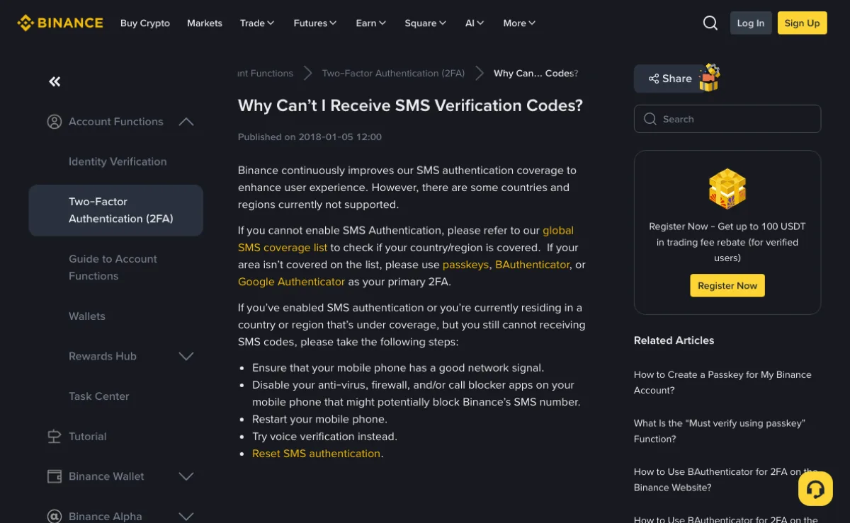 Binance help center page Why Can’t I Receive SMS Verification Codes, listing signal, blocker apps, and voice verification