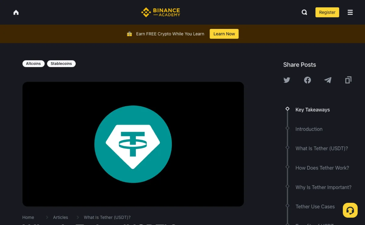 币安学院文章 What Is Tether (USDT) 公开页
