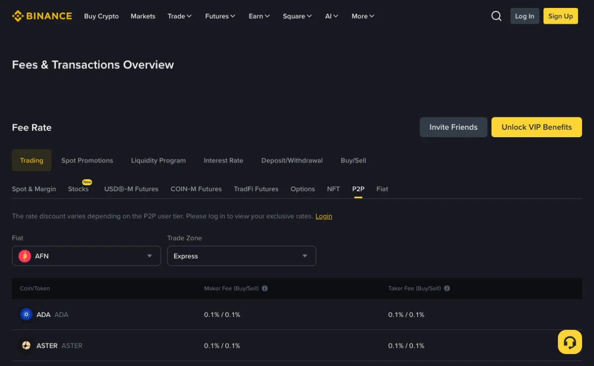 Public English Binance P2P fee page showing Fiat and Trade Zone selectors and a login prompt for account-specific rates