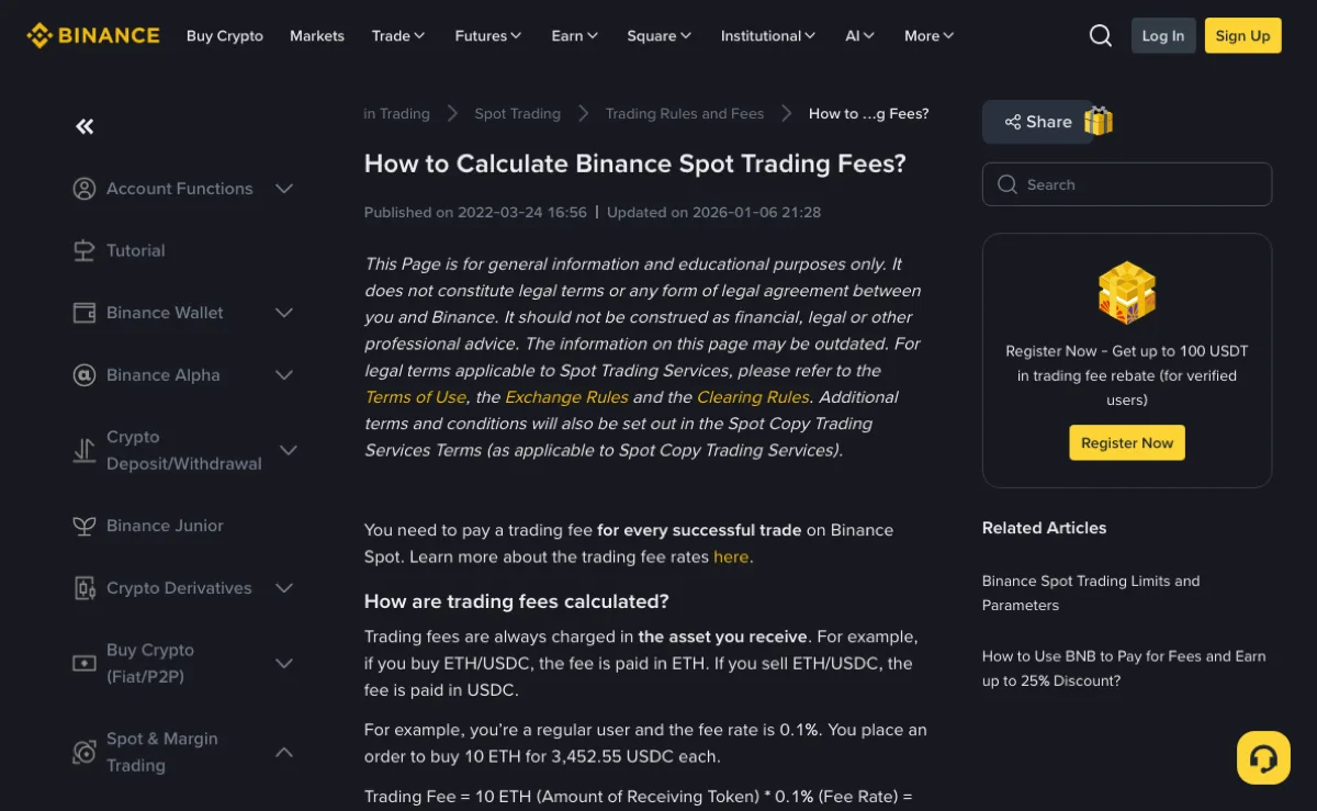 Binance Help Center page How to Calculate Binance Spot Trading Fees, with the sentence that trading fees are always charged in the asset you receive and the start of the 10 ETH buy example at 0.1%
