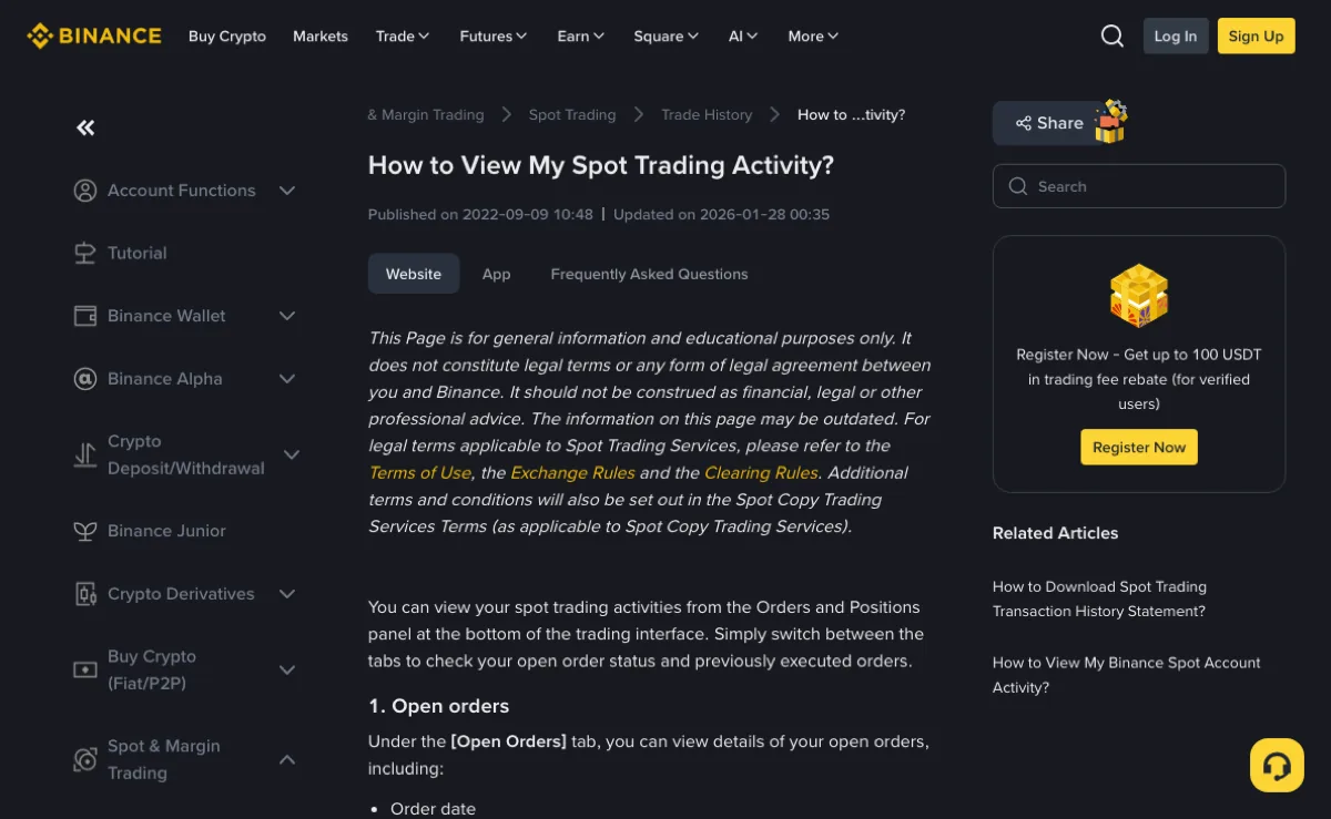 Binance’s English spot activity help page with Website, App and Frequently Asked Questions tabs